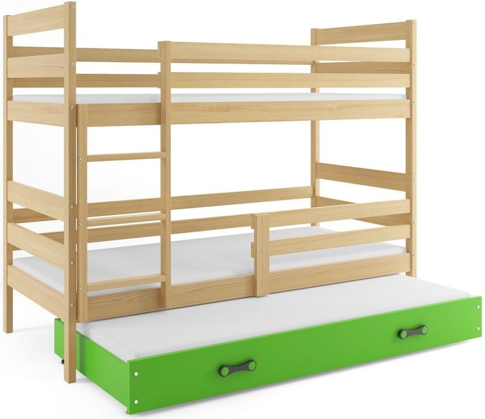 eoshop Poschodová posteľ s prístelkou ERYK 3 80x160 cm, borovica/zelená